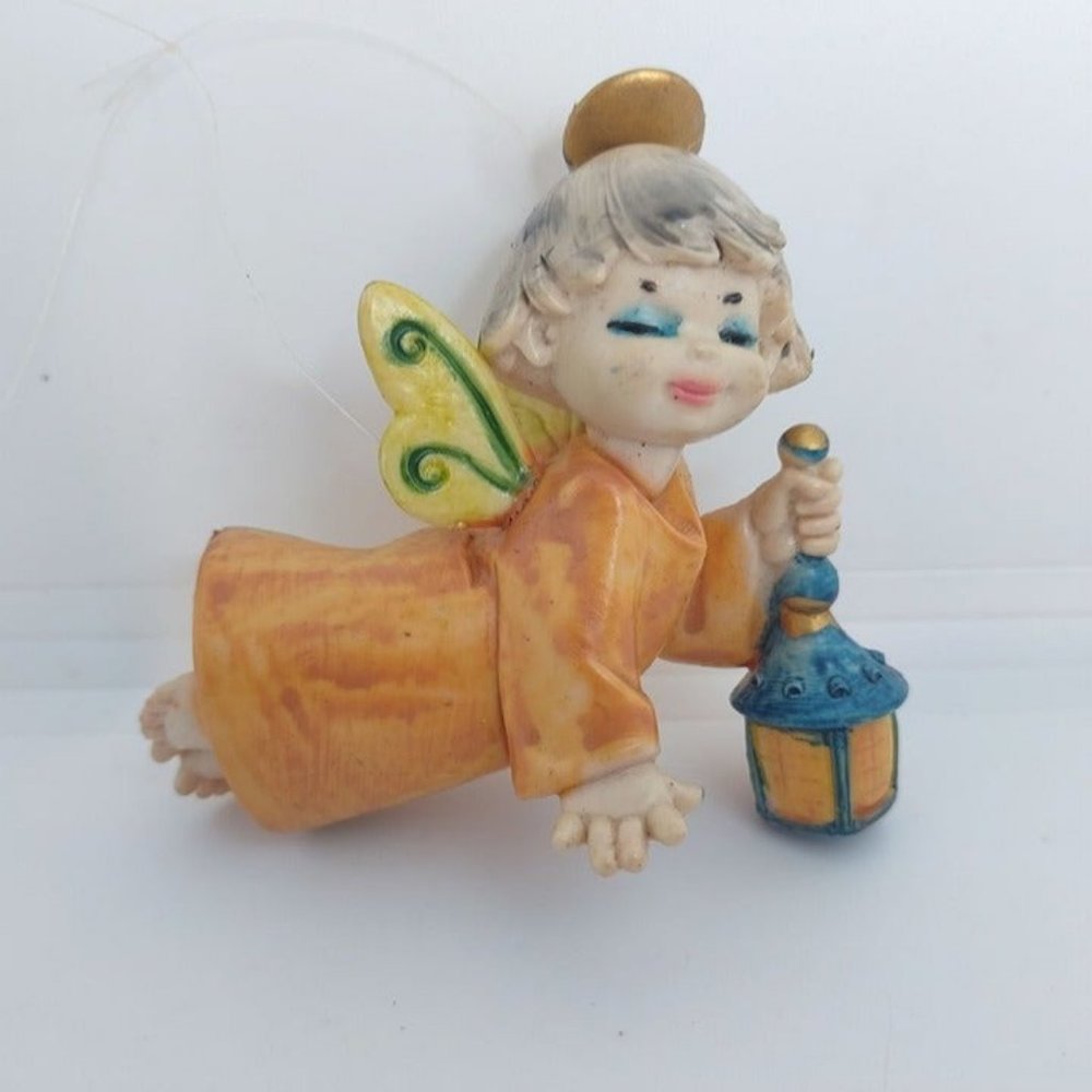 Depose Fontanini Italy VTG flying angel ornament holding‎ lantern orange 3 in